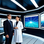 A diverse team of professional engineers and scientists, fully clothed in modest business attire and clean lab coats, collaboratively observing holographic displays in a futuristic energy control room. The displays visualize real-time data from a vast offshore wind farm and an expansive agri-voltaic solar farm. The background shows large turbines in the ocean and solar panels integrated with agricultural fields under a clear sky. perfect anatomy, correct proportions, natural pose, well-formed hands, proper finger count, natural body proportions, fully clothed, appropriate attire, professional dress, safe for work, appropriate content, family-friendly, high-quality professional photography.