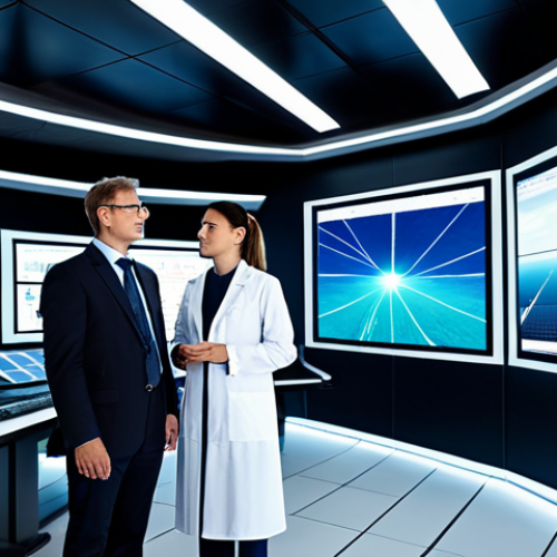 A diverse team of professional engineers and scientists, fully clothed in modest business attire and clean lab coats, collaboratively observing holographic displays in a futuristic energy control room. The displays visualize real-time data from a vast offshore wind farm and an expansive agri-voltaic solar farm. The background shows large turbines in the ocean and solar panels integrated with agricultural fields under a clear sky. perfect anatomy, correct proportions, natural pose, well-formed hands, proper finger count, natural body proportions, fully clothed, appropriate attire, professional dress, safe for work, appropriate content, family-friendly, high-quality professional photography.