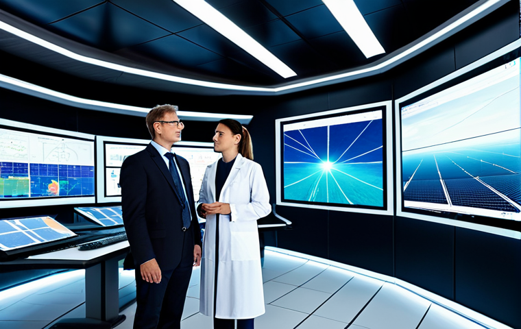 A diverse team of professional engineers and scientists, fully clothed in modest business attire and clean lab coats, collaboratively observing holographic displays in a futuristic energy control room. The displays visualize real-time data from a vast offshore wind farm and an expansive agri-voltaic solar farm. The background shows large turbines in the ocean and solar panels integrated with agricultural fields under a clear sky. perfect anatomy, correct proportions, natural pose, well-formed hands, proper finger count, natural body proportions, fully clothed, appropriate attire, professional dress, safe for work, appropriate content, family-friendly, high-quality professional photography.