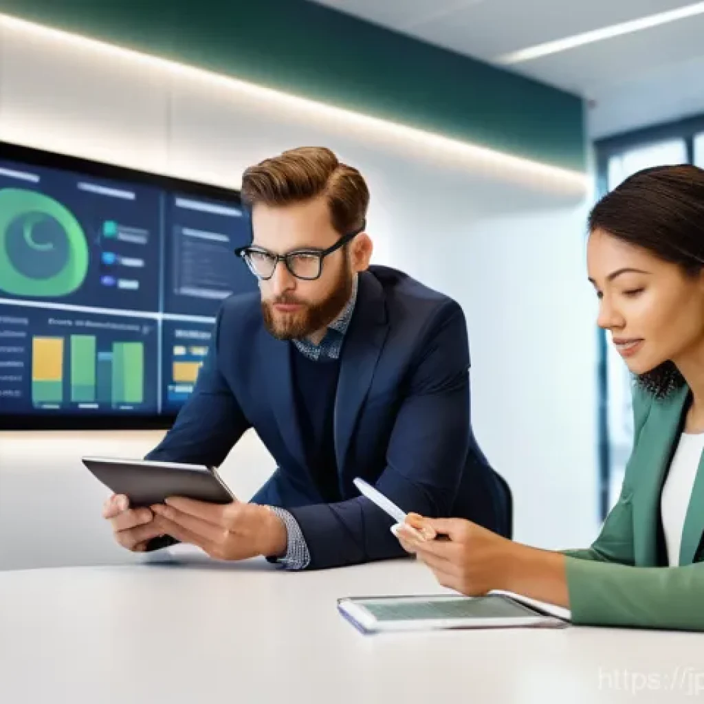 지속가능발전 전문가의 다양한 경로 탐색 - **Prompt:** A diverse team of four professionals (two women, two men, all in their 30s-40s, wearing ...