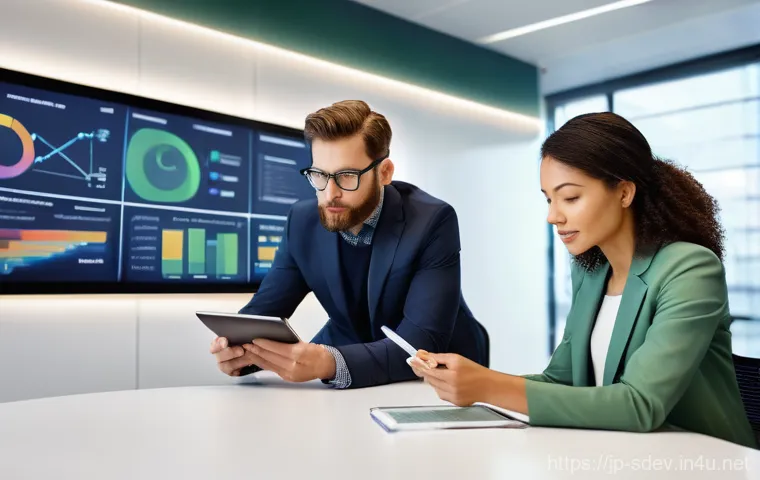 지속가능발전 전문가의 다양한 경로 탐색 - **Prompt:** A diverse team of four professionals (two women, two men, all in their 30s-40s, wearing ...