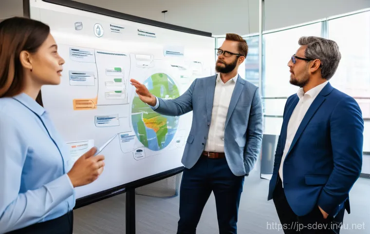 지속가능발전 전문가의 커리어 개발 - A group of diverse sustainability professionals, ranging from their late 20s to 50s, dressed in cont...