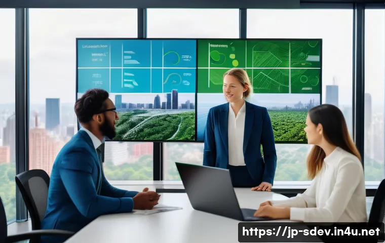 지속가능발전 전문가 연봉 - A diverse group of sustainability experts collaborating in a modern urban planning office, discussin...