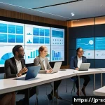 지속가능발전 전문가의 국제 업무 - A vibrant international project meeting scene set in a modern conference room, featuring diverse pro...