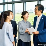 지속가능발전 전문가의 사회적 책임 - A modern Japanese community workshop scene focused on sustainable energy, featuring diverse experts ...