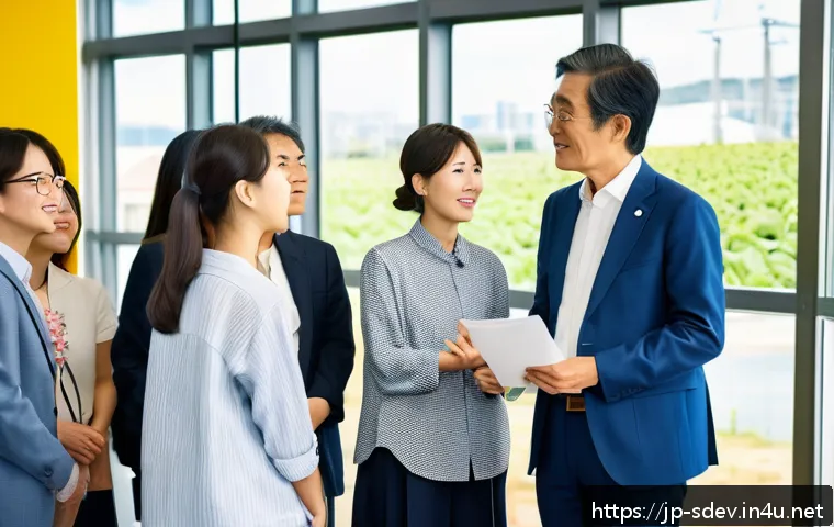 지속가능발전 전문가의 사회적 책임 - A modern Japanese community workshop scene focused on sustainable energy, featuring diverse experts ...