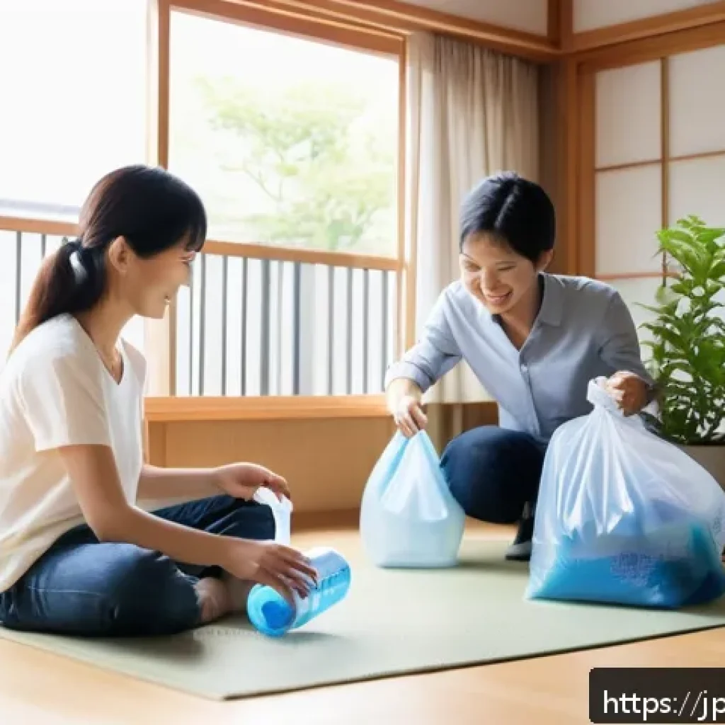 지속가능발전 분야 자격증 종류 - A modern Japanese family practicing ecological habits at home: a mother and father separating recycl...