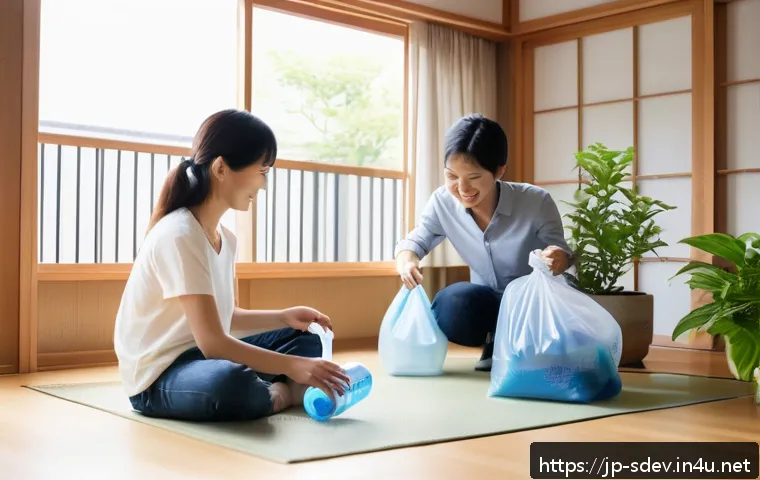 지속가능발전 분야 자격증 종류 - A modern Japanese family practicing ecological habits at home: a mother and father separating recycl...